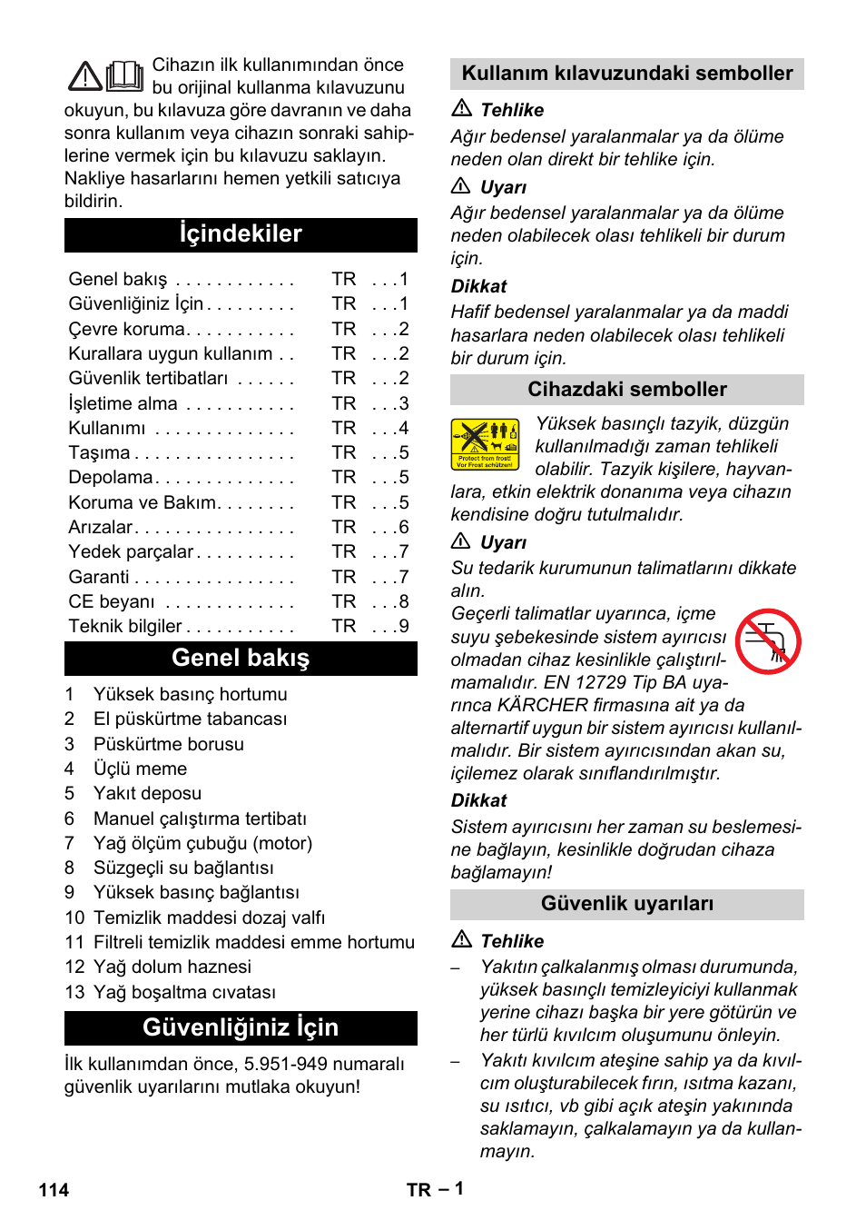 Türkçe, Içindekiler, Genel bakış güvenliğiniz için | Karcher HD 801 B User Manual | Page 114 / 254