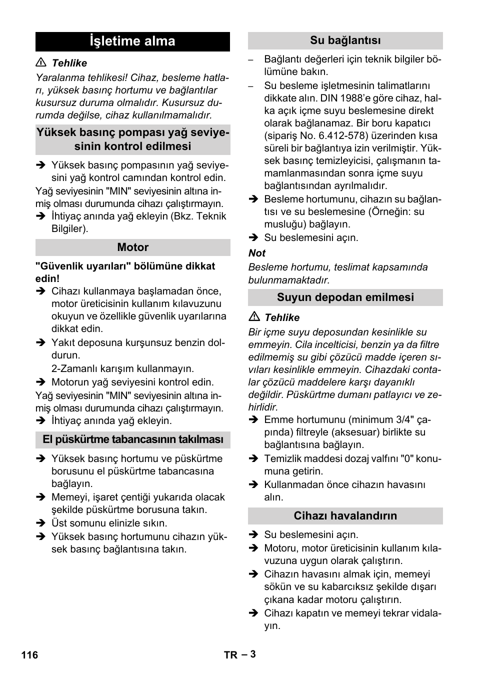 Işletime alma | Karcher HD 801 B User Manual | Page 116 / 254