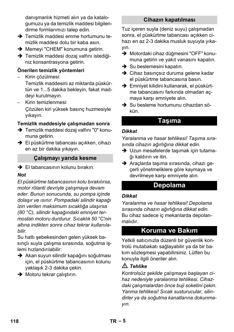 Taşıma depolama koruma ve bakım | Karcher HD 801 B User Manual | Page 118 / 254