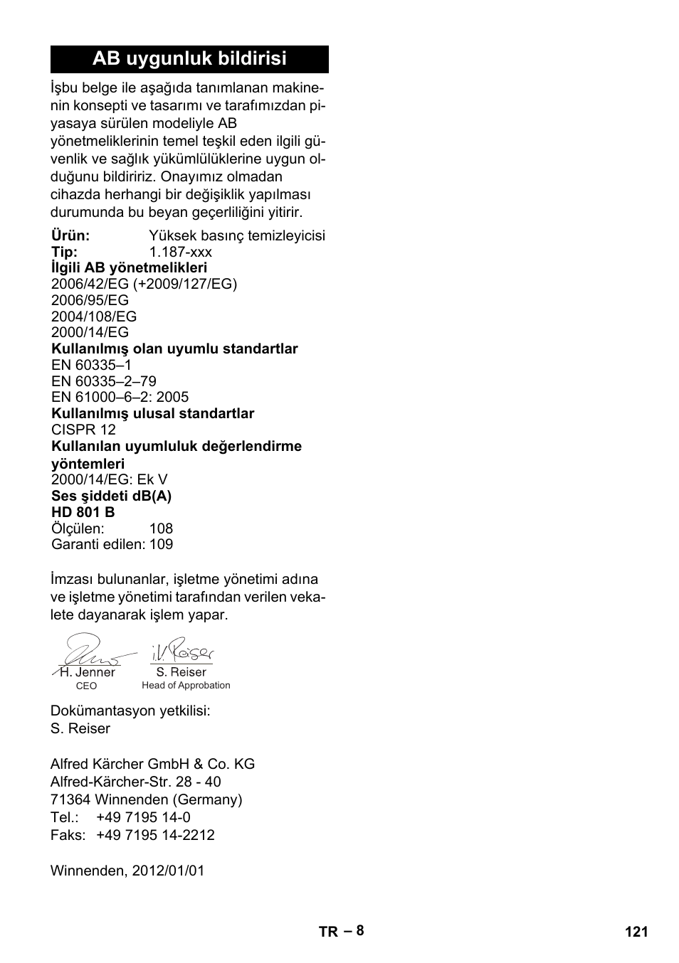 Ab uygunluk bildirisi | Karcher HD 801 B User Manual | Page 121 / 254