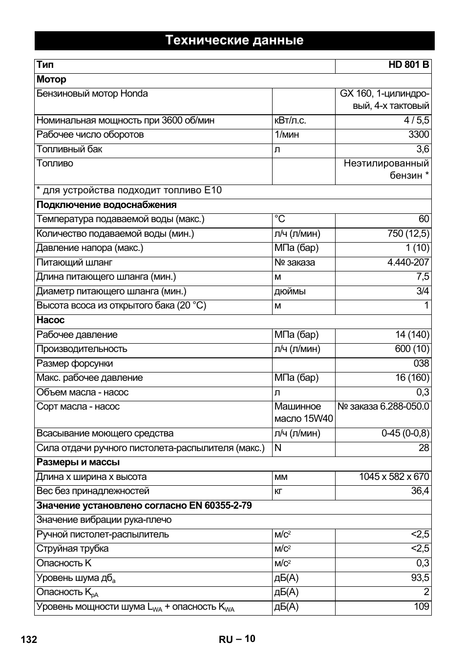 Технические данные | Karcher HD 801 B User Manual | Page 132 / 254