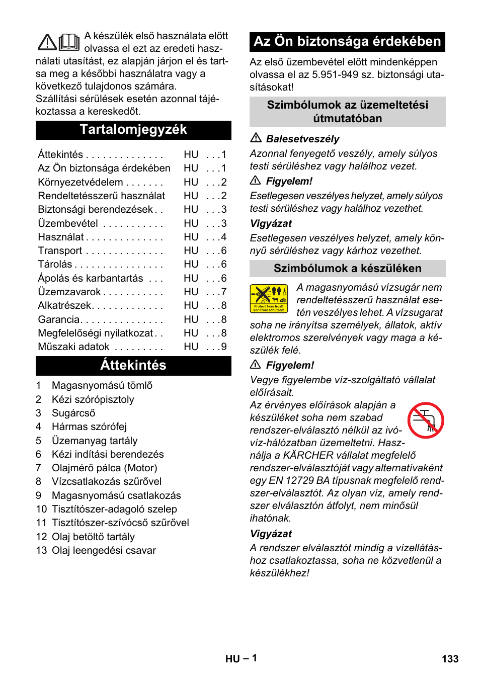 Magyar, Tartalomjegyzék, Áttekintés az ön biztonsága érdekében | Karcher HD 801 B User Manual | Page 133 / 254