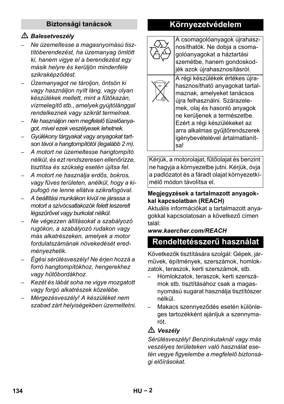 Környezetvédelem, Rendeltetésszerű használat | Karcher HD 801 B User Manual | Page 134 / 254