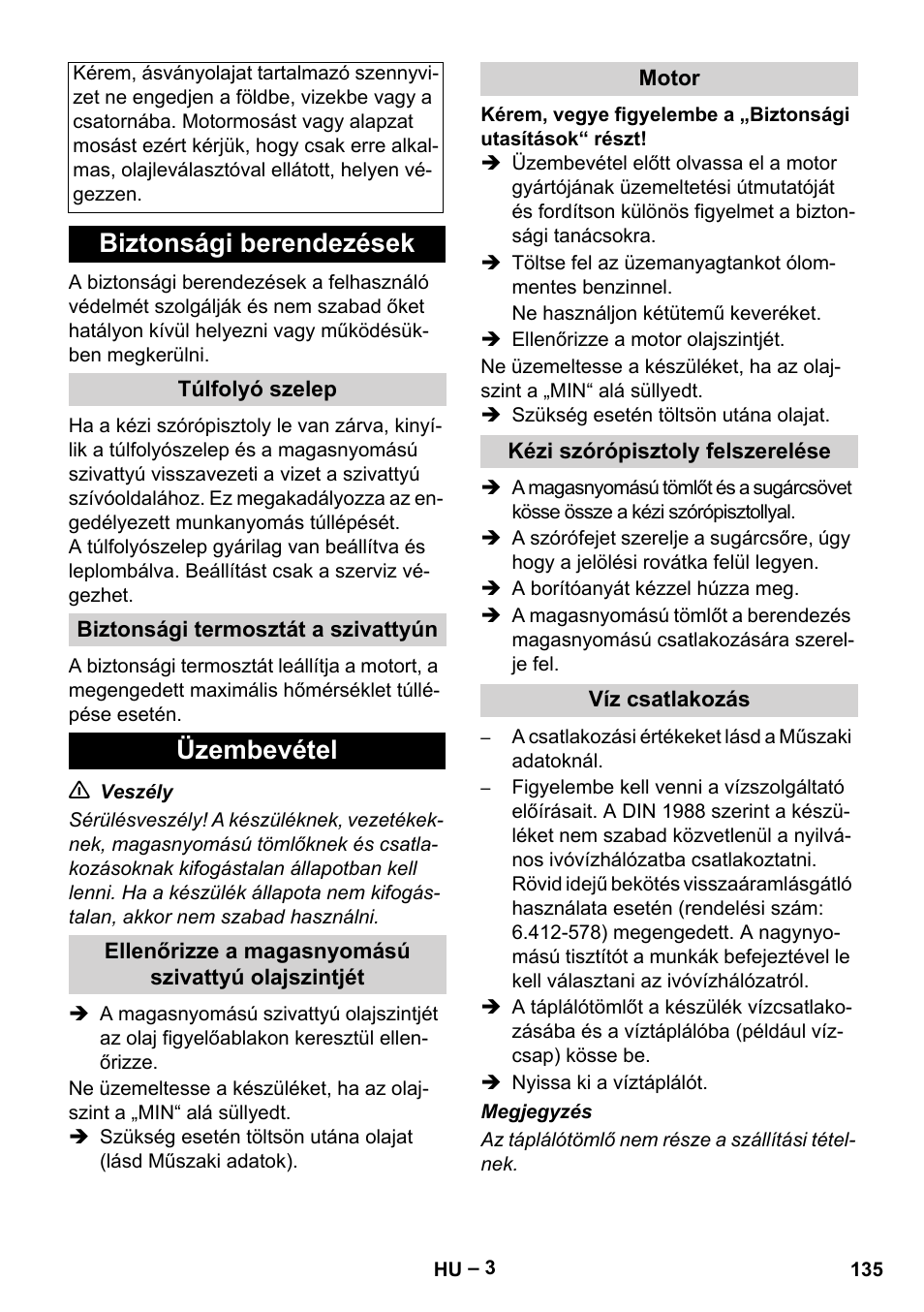 Biztonsági berendezések, Üzembevétel | Karcher HD 801 B User Manual | Page 135 / 254