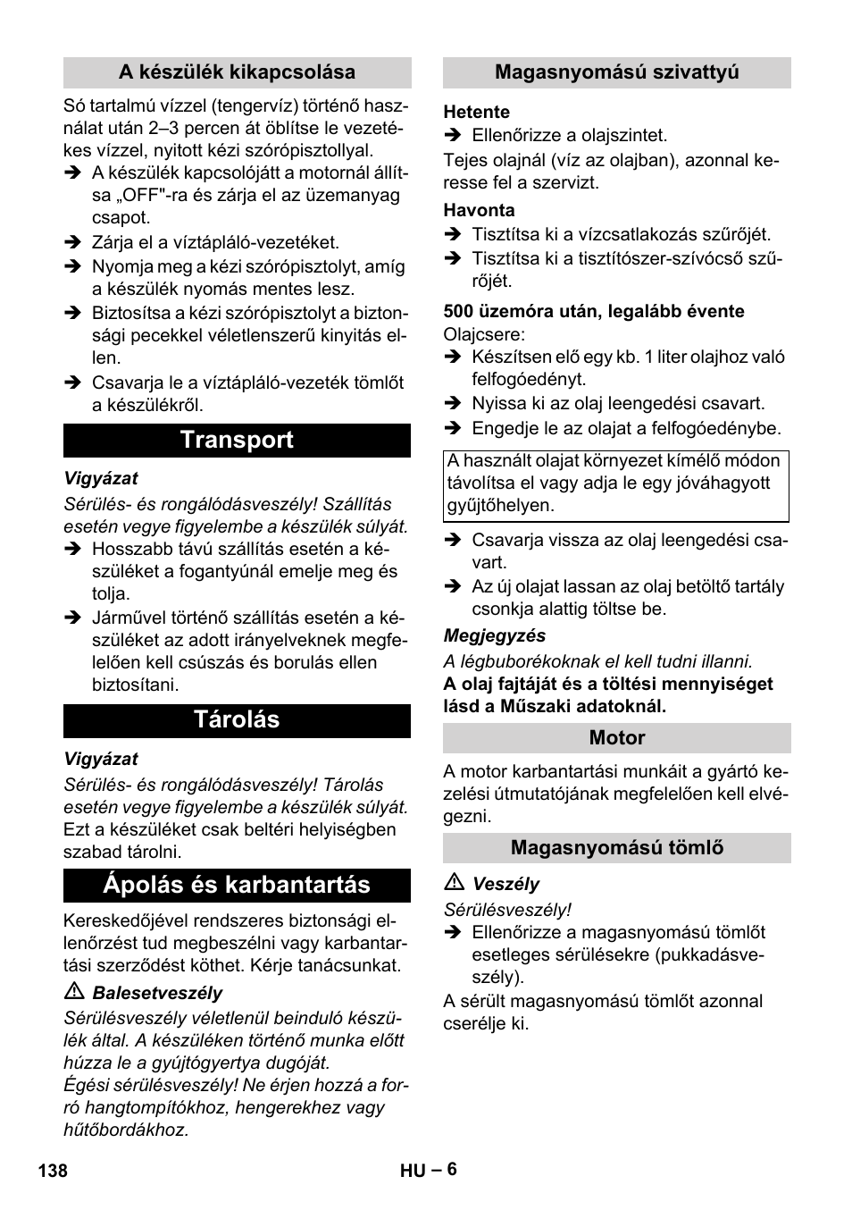 Transport tárolás ápolás és karbantartás | Karcher HD 801 B User Manual | Page 138 / 254