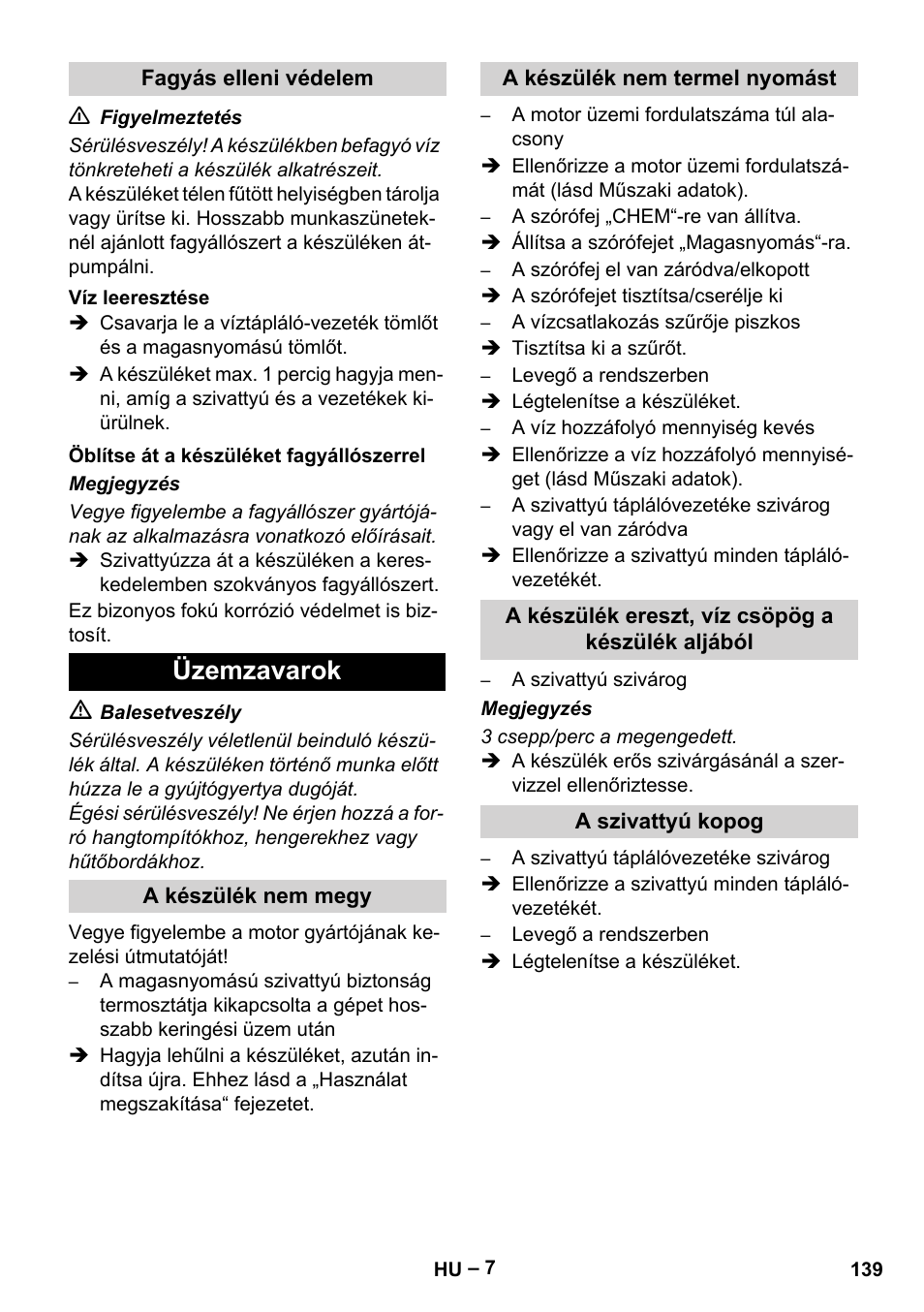 Üzemzavarok | Karcher HD 801 B User Manual | Page 139 / 254