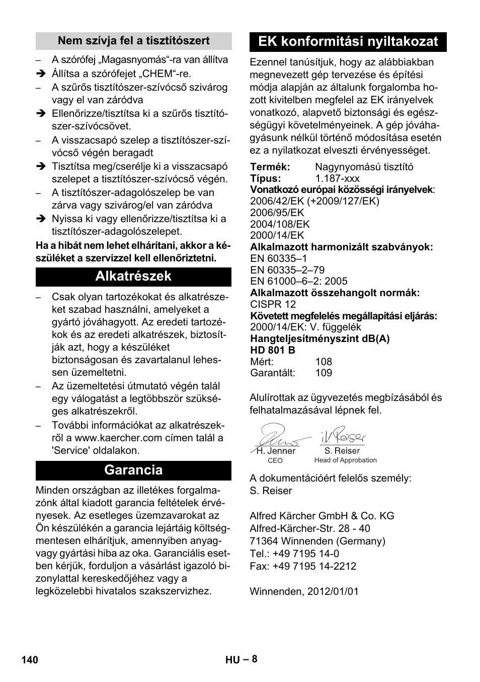 Alkatrészek garancia ek konformitási nyiltakozat | Karcher HD 801 B User Manual | Page 140 / 254