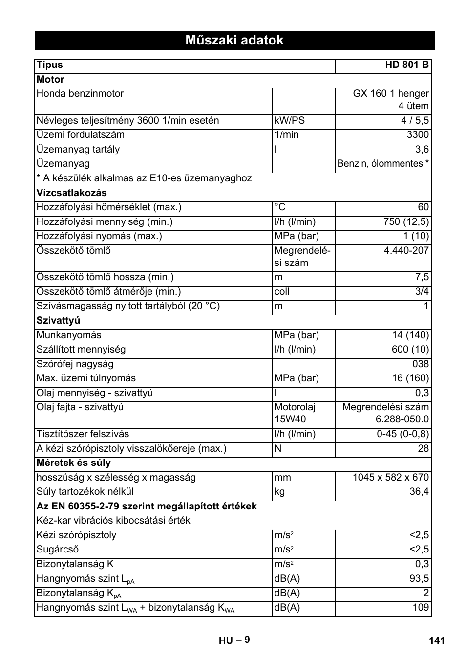 Műszaki adatok | Karcher HD 801 B User Manual | Page 141 / 254