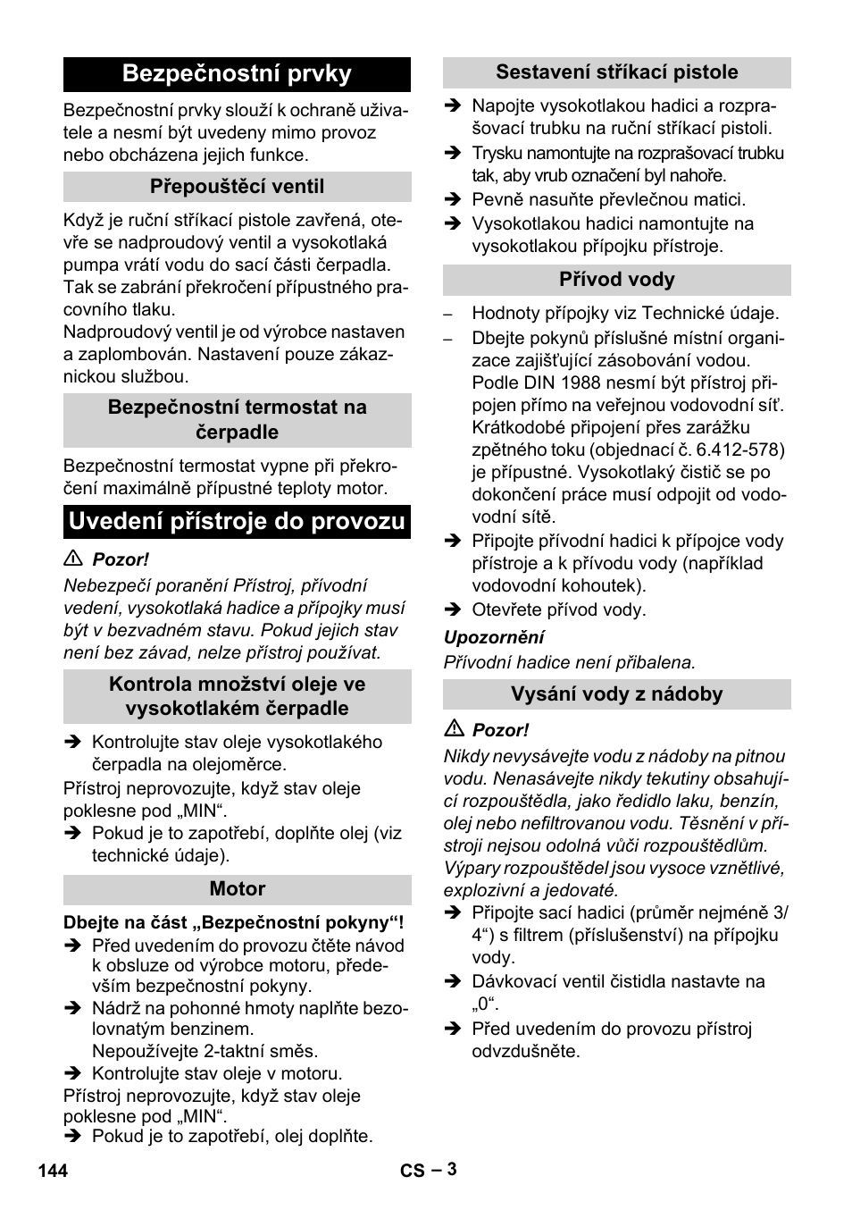 Bezpečnostní prvky, Uvedení přístroje do provozu | Karcher HD 801 B User Manual | Page 144 / 254