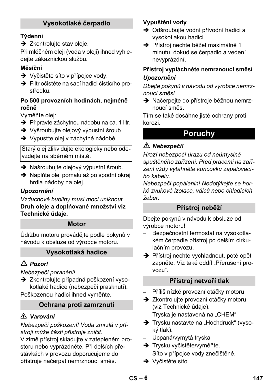 Poruchy | Karcher HD 801 B User Manual | Page 147 / 254
