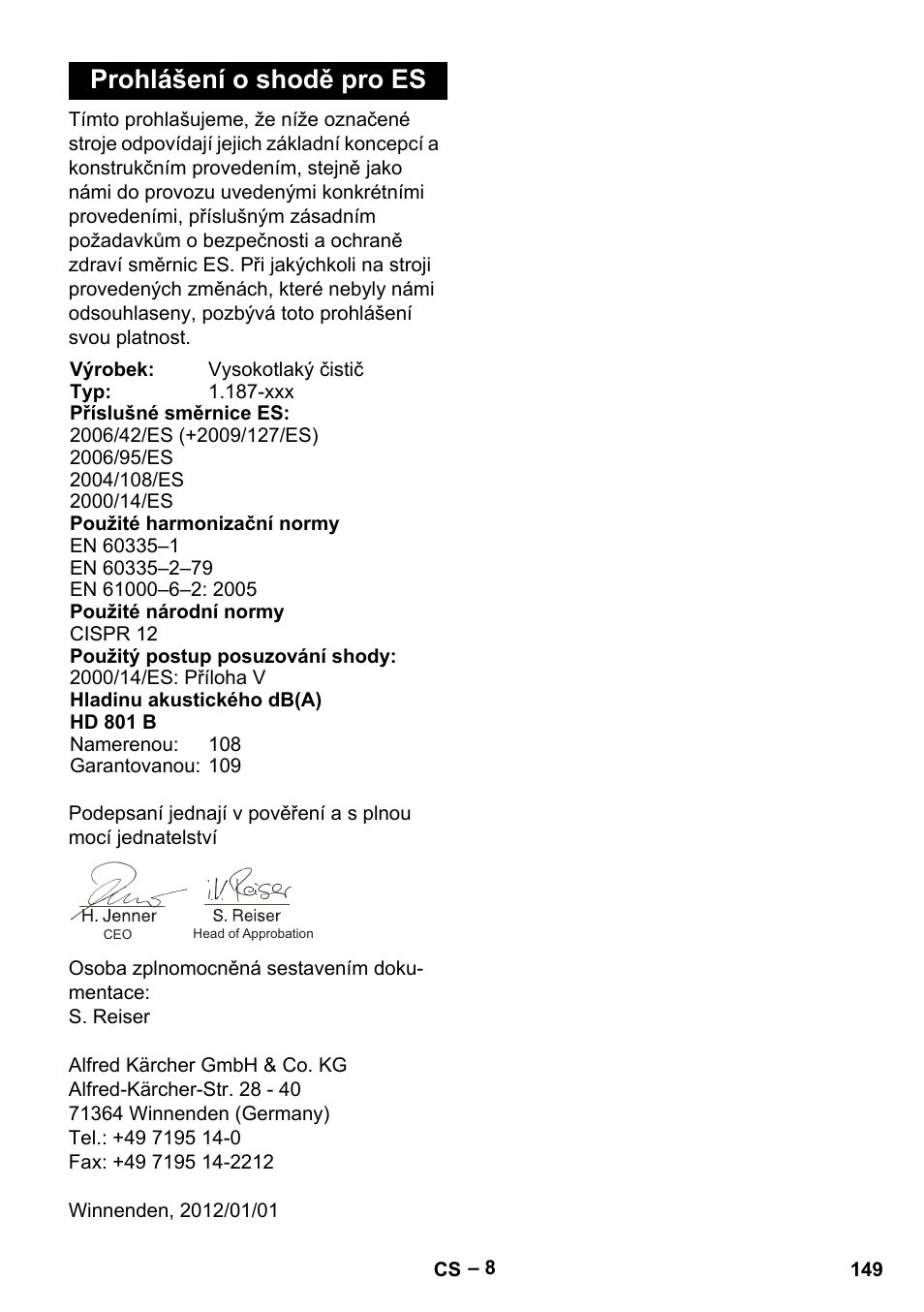 Prohlášení o shodě pro es | Karcher HD 801 B User Manual | Page 149 / 254