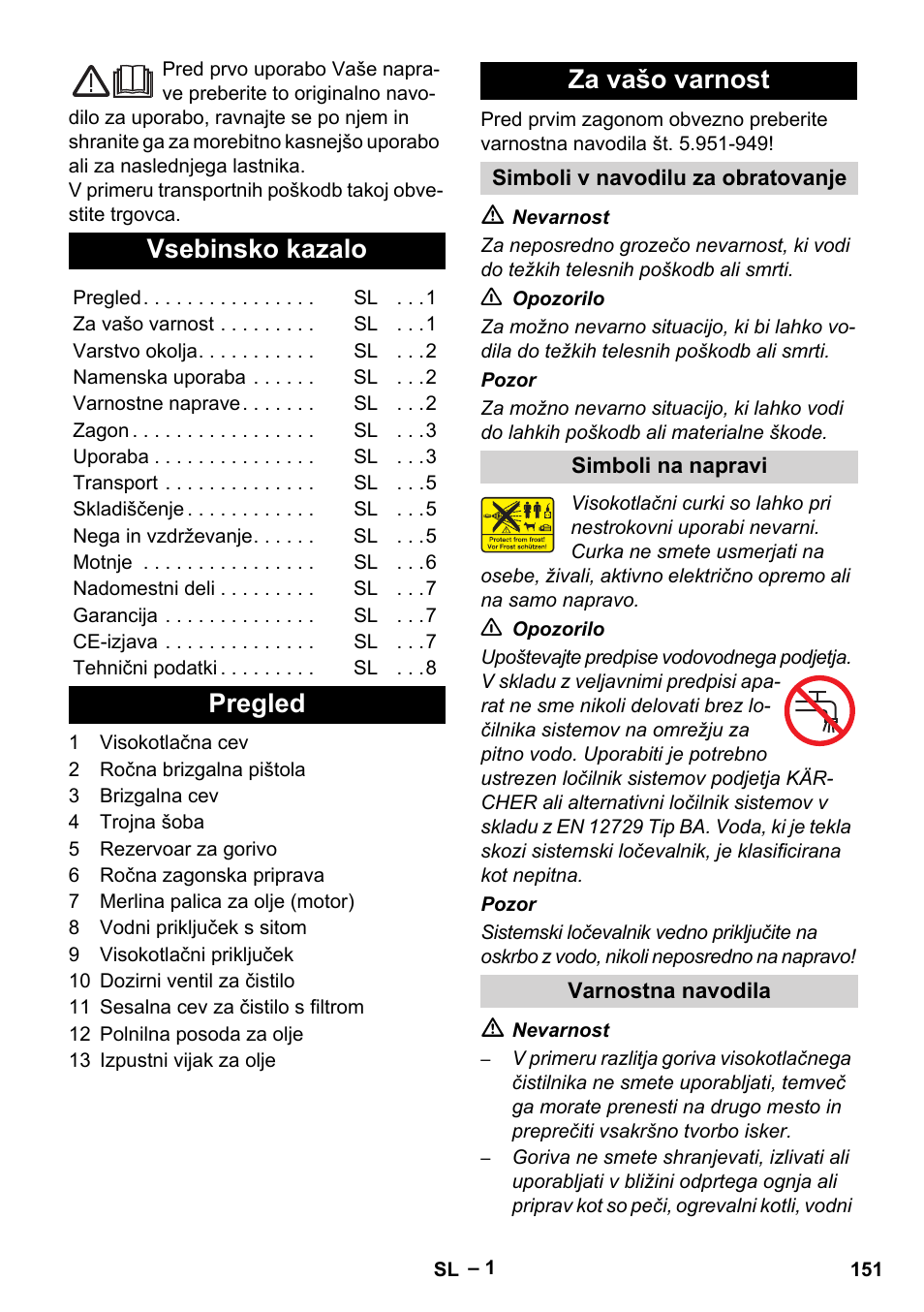 Slovenščina, Slovenšina, Vsebinsko kazalo | Pregled za vašo varnost | Karcher HD 801 B User Manual | Page 151 / 254