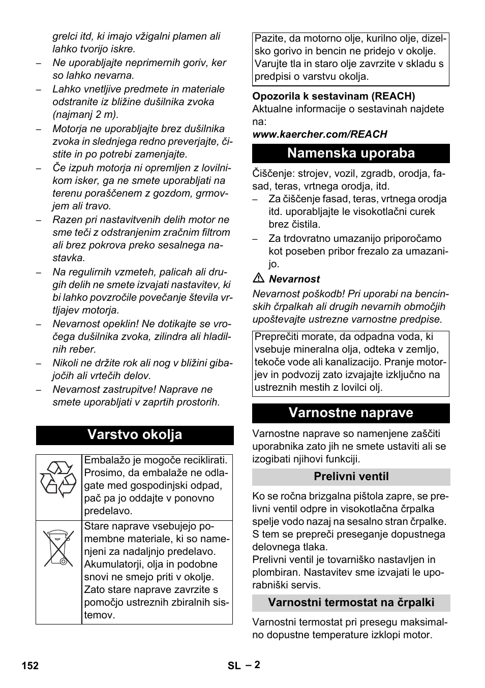 Varstvo okolja, Namenska uporaba, Varnostne naprave | Karcher HD 801 B User Manual | Page 152 / 254