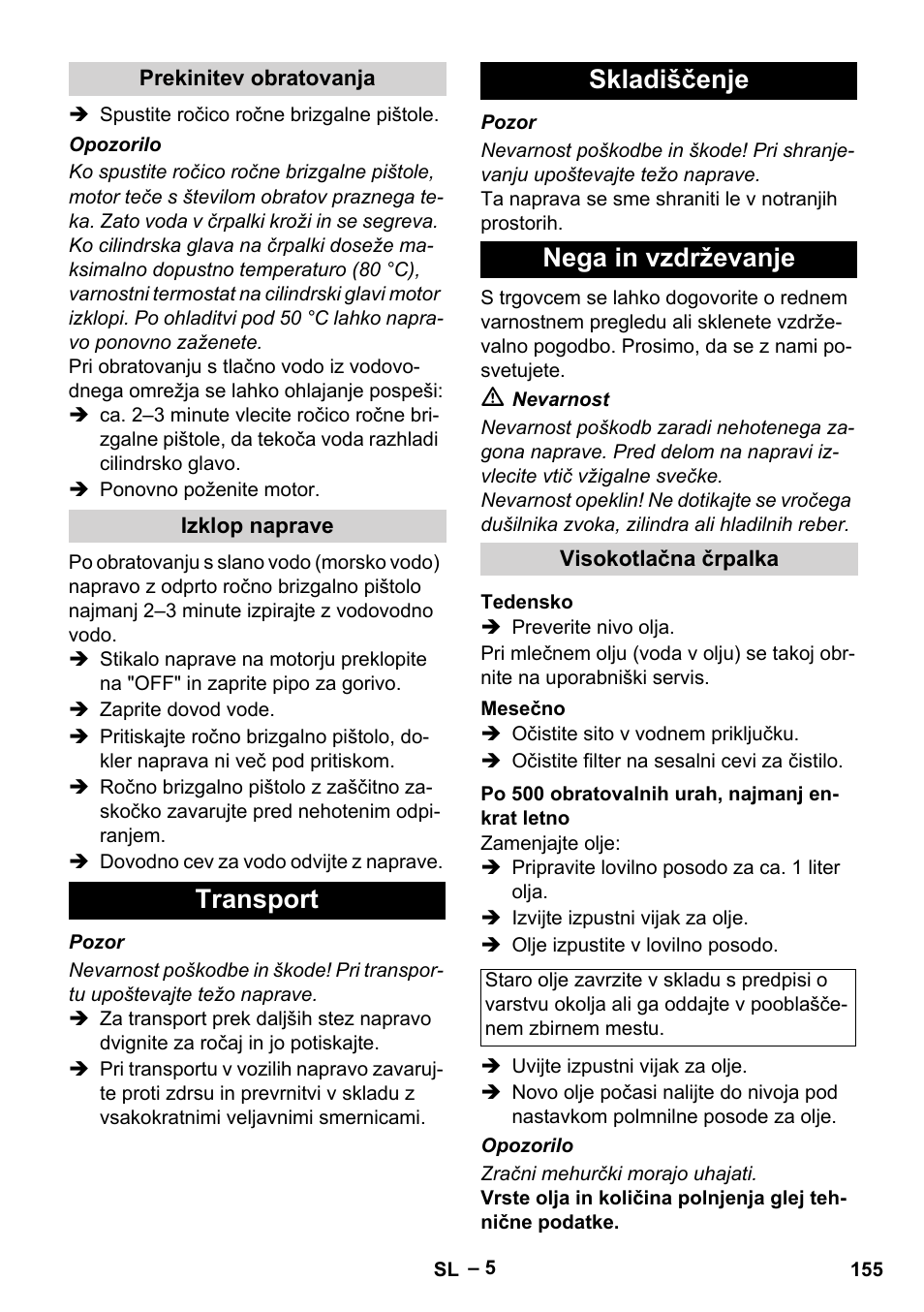 Transport skladiščenje nega in vzdrževanje | Karcher HD 801 B User Manual | Page 155 / 254