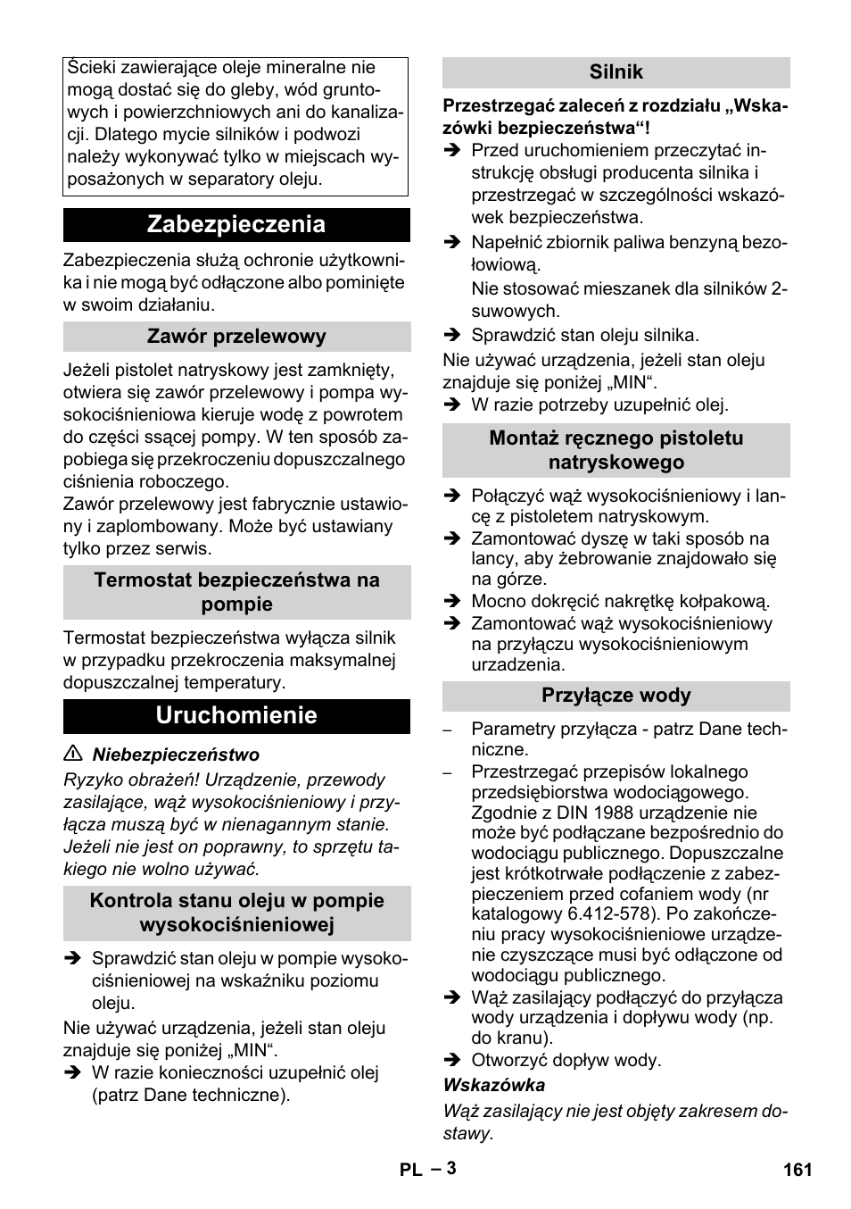 Zabezpieczenia, Uruchomienie | Karcher HD 801 B User Manual | Page 161 / 254
