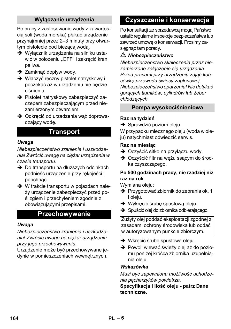 Transport przechowywanie czyszczenie i konserwacja | Karcher HD 801 B User Manual | Page 164 / 254