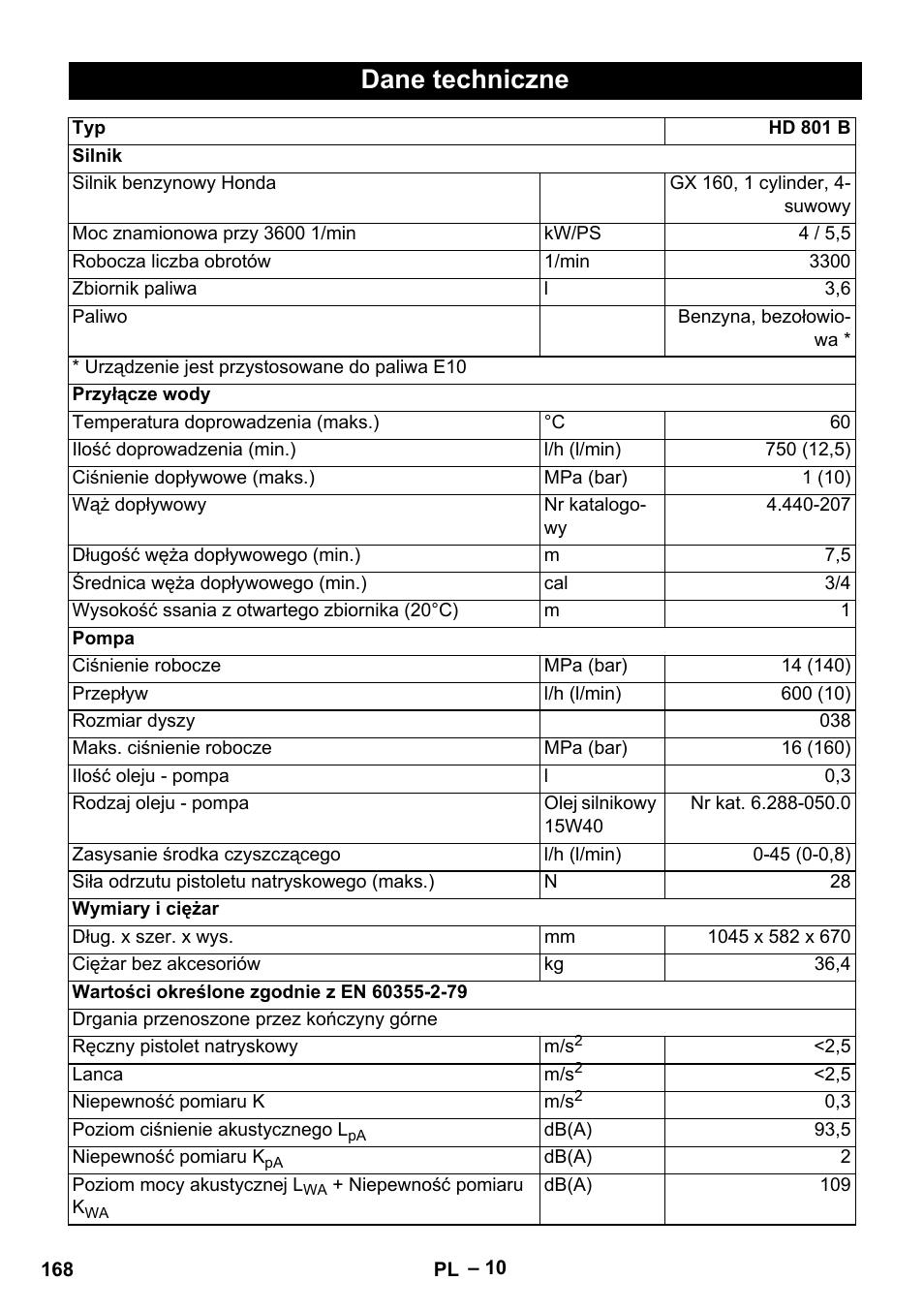 Dane techniczne | Karcher HD 801 B User Manual | Page 168 / 254