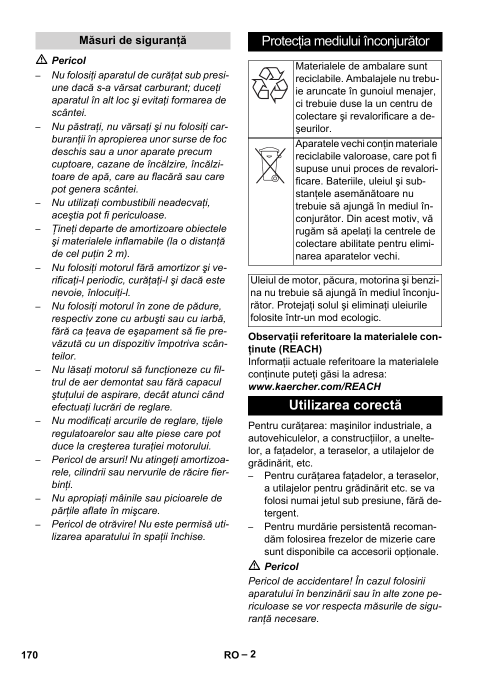 Protecţia mediului înconjurător, Utilizarea corectă | Karcher HD 801 B User Manual | Page 170 / 254
