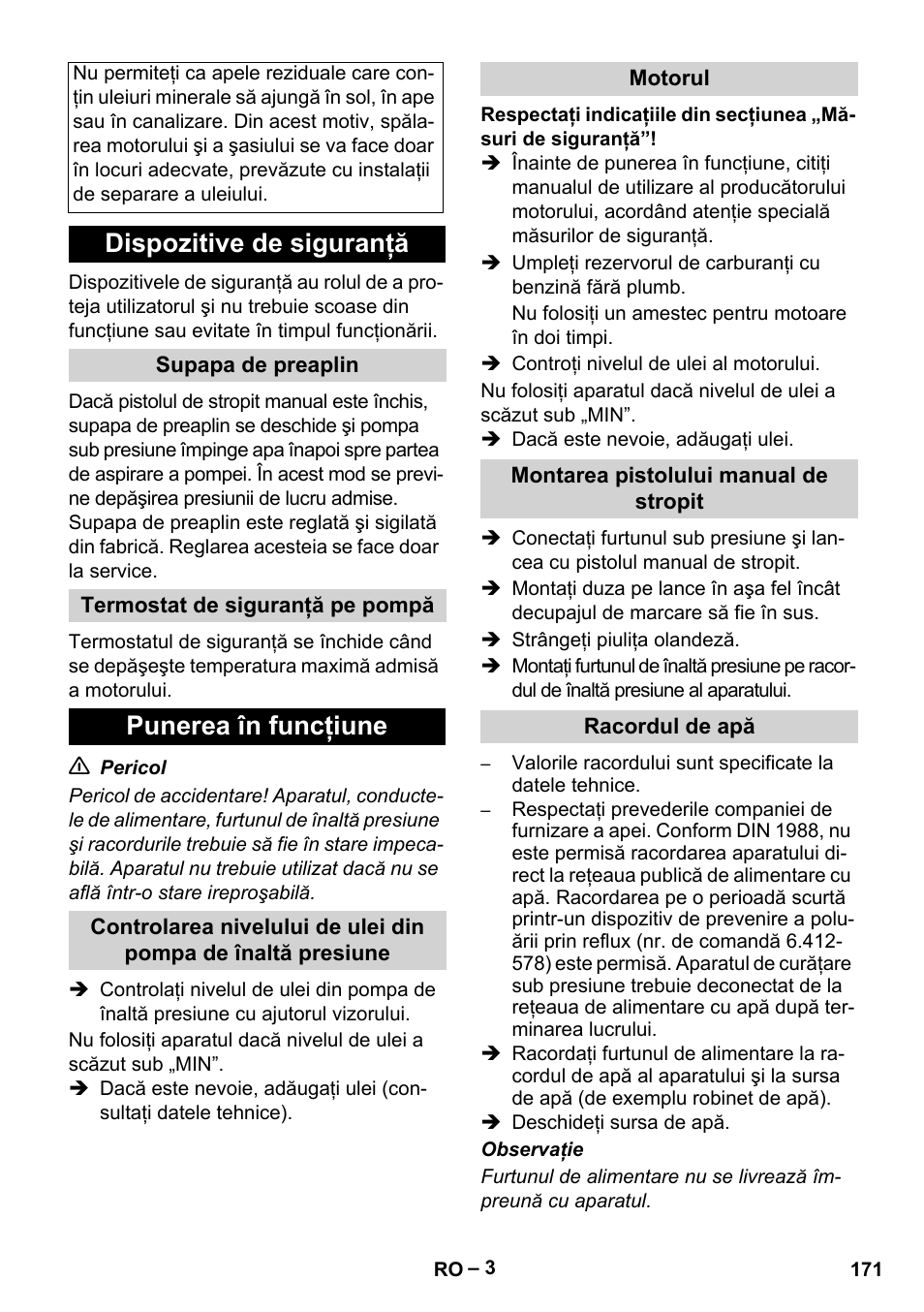 Dispozitive de siguranţă, Punerea în funcţiune | Karcher HD 801 B User Manual | Page 171 / 254