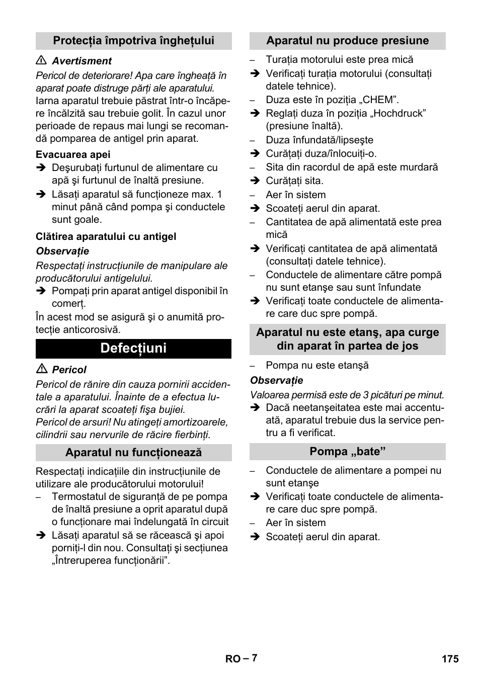 Defecţiuni | Karcher HD 801 B User Manual | Page 175 / 254