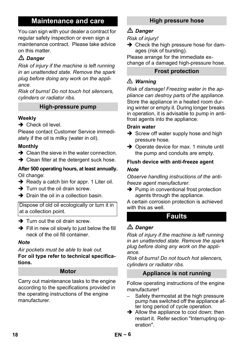 Maintenance and care, Faults | Karcher HD 801 B User Manual | Page 18 / 254