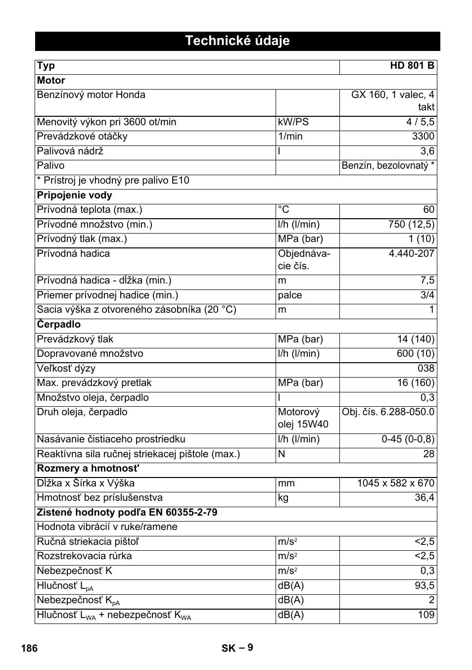 Technické údaje | Karcher HD 801 B User Manual | Page 186 / 254