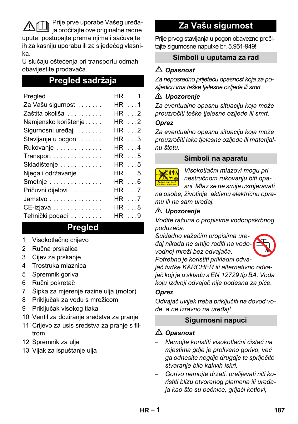 Hrvatski, Pregled sadržaja, Pregled za vašu sigurnost | Karcher HD 801 B User Manual | Page 187 / 254