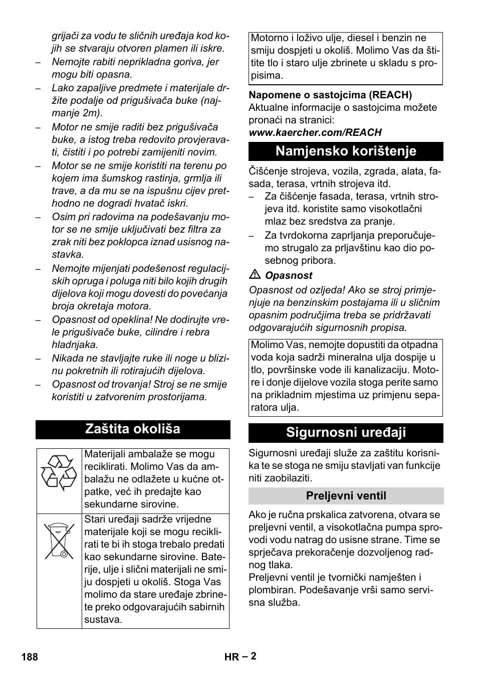 Zaštita okoliša, Namjensko korištenje, Sigurnosni uređaji | Karcher HD 801 B User Manual | Page 188 / 254