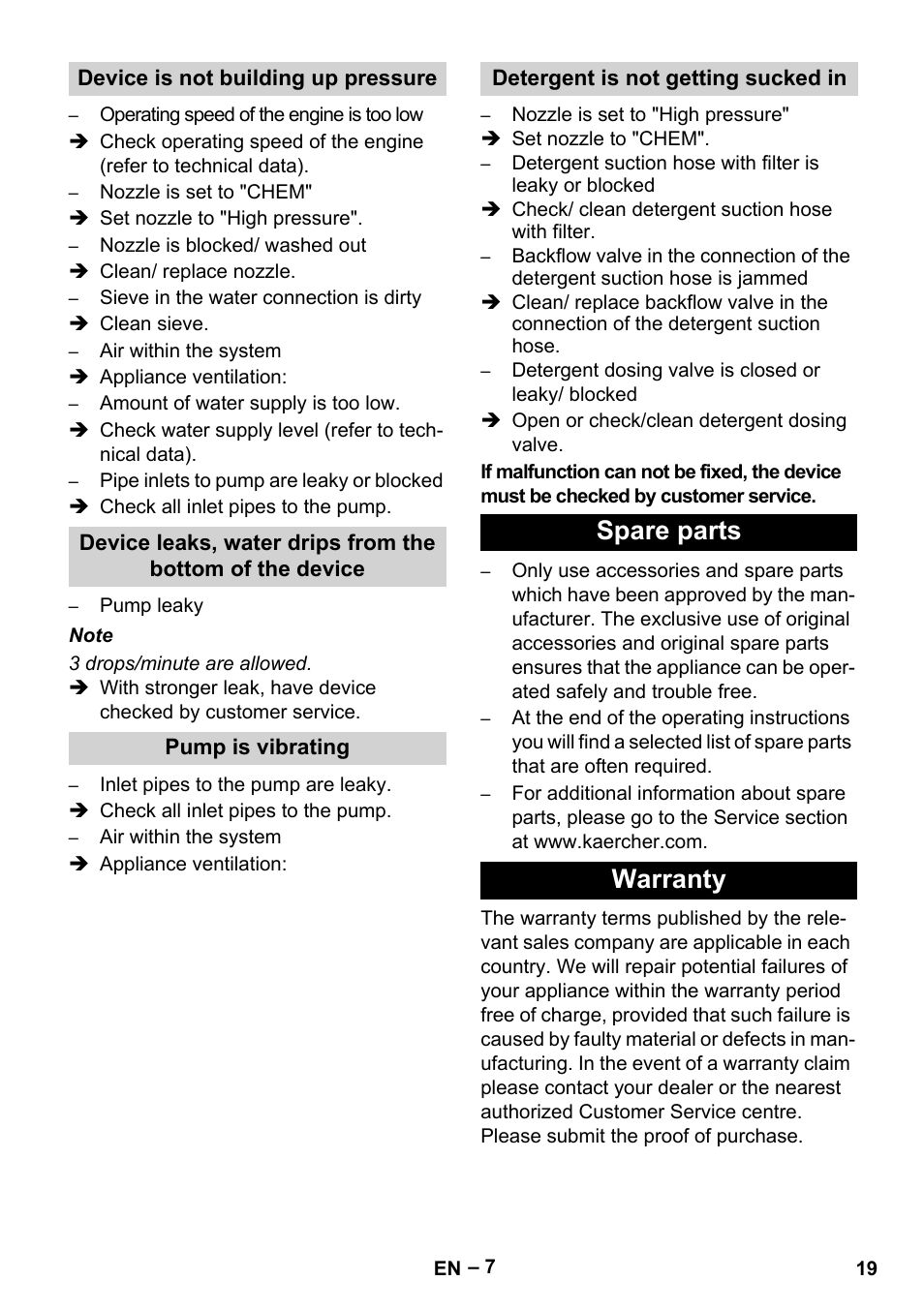 Spare parts warranty | Karcher HD 801 B User Manual | Page 19 / 254