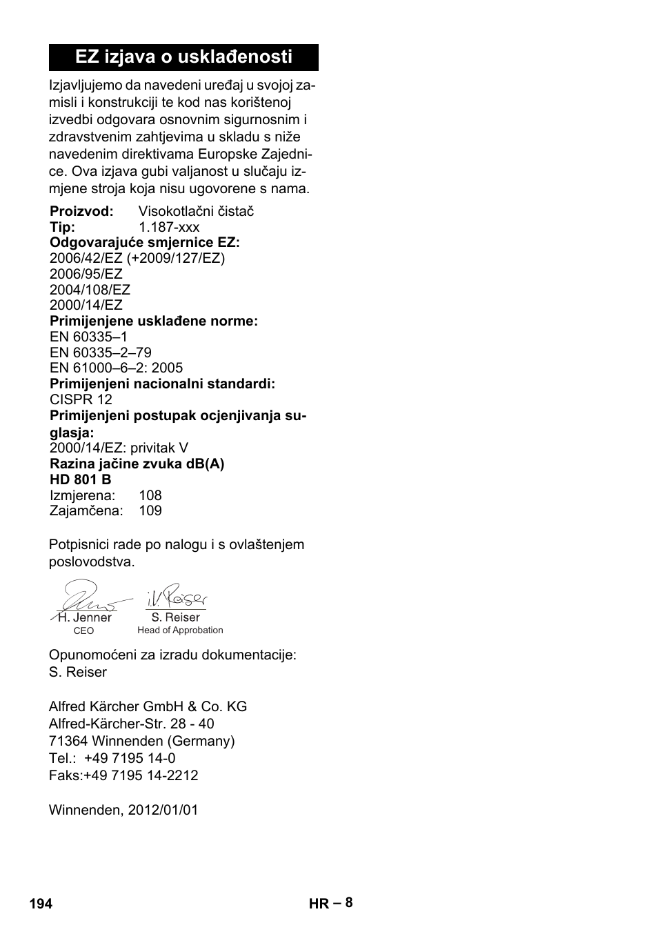 Ez izjava o usklađenosti | Karcher HD 801 B User Manual | Page 194 / 254