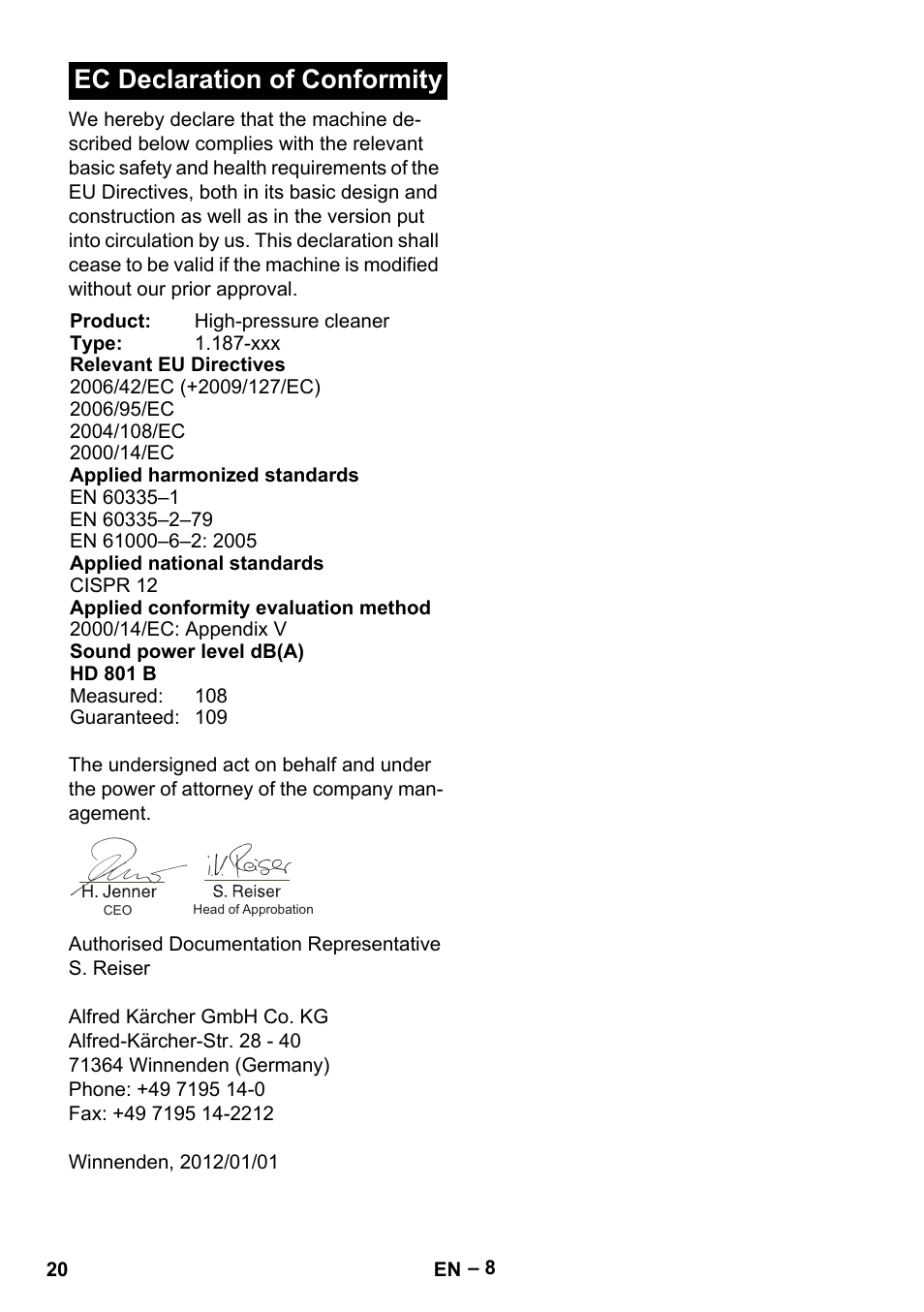 Ec declaration of conformity | Karcher HD 801 B User Manual | Page 20 / 254