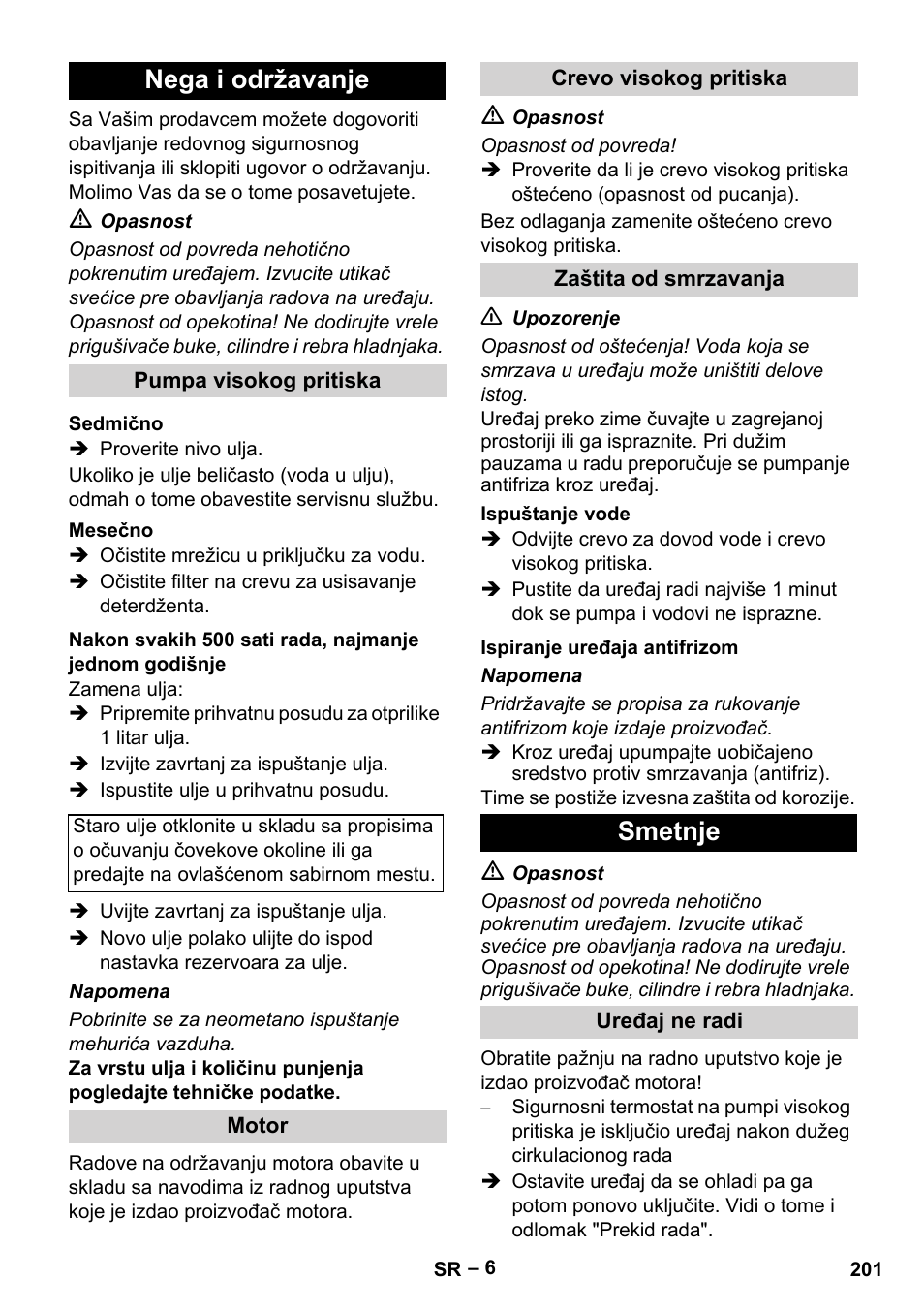 Nega i održavanje, Smetnje | Karcher HD 801 B User Manual | Page 201 / 254