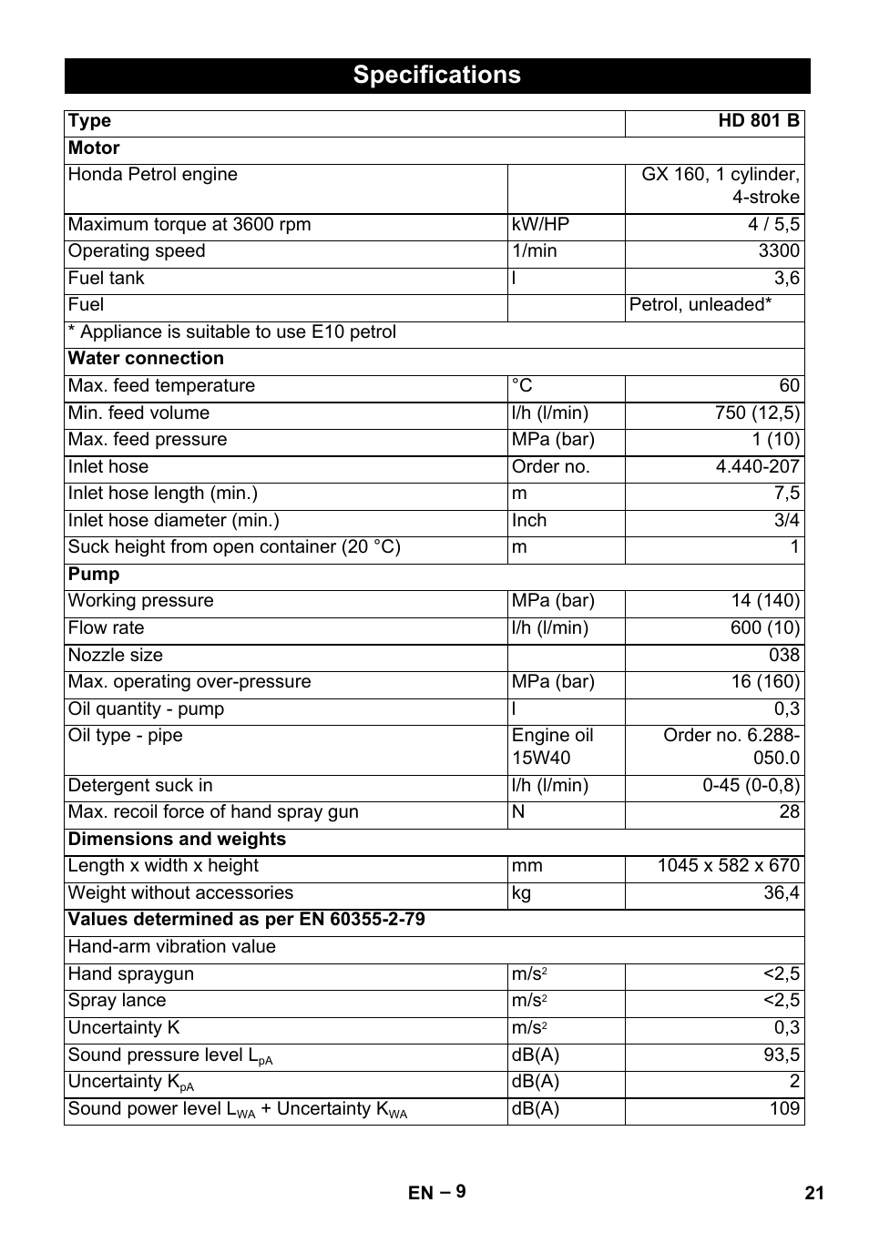 Specifications | Karcher HD 801 B User Manual | Page 21 / 254
