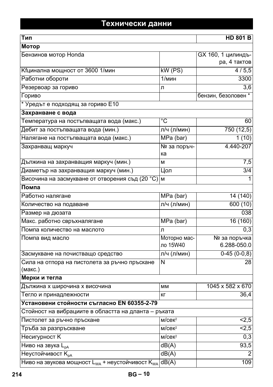 Технически данни | Karcher HD 801 B User Manual | Page 214 / 254