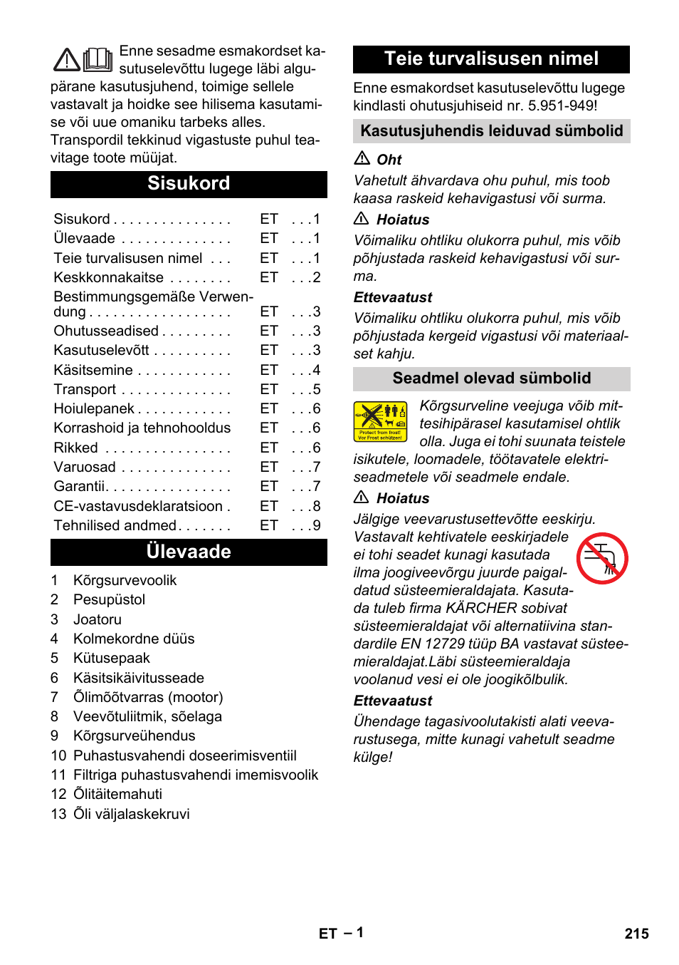 Eesti, Sisukord, Ülevaade teie turvalisusen nimel | Karcher HD 801 B User Manual | Page 215 / 254