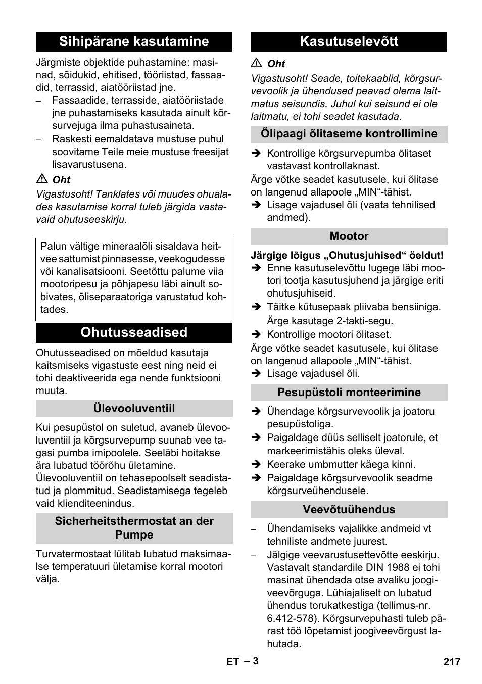 Sihipärane kasutamine, Ohutusseadised, Kasutuselevõtt | Karcher HD 801 B User Manual | Page 217 / 254