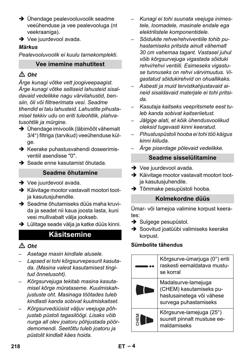 Käsitsemine | Karcher HD 801 B User Manual | Page 218 / 254