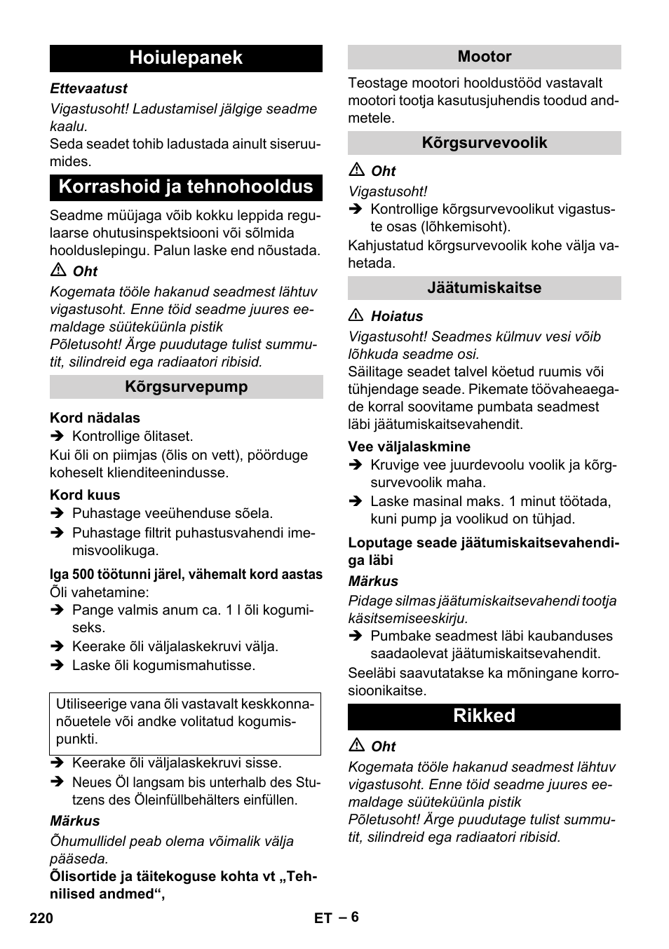 Hoiulepanek korrashoid ja tehnohooldus, Rikked | Karcher HD 801 B User Manual | Page 220 / 254