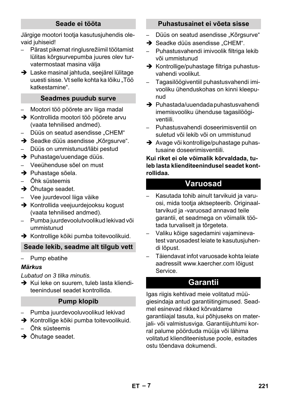 Varuosad garantii | Karcher HD 801 B User Manual | Page 221 / 254