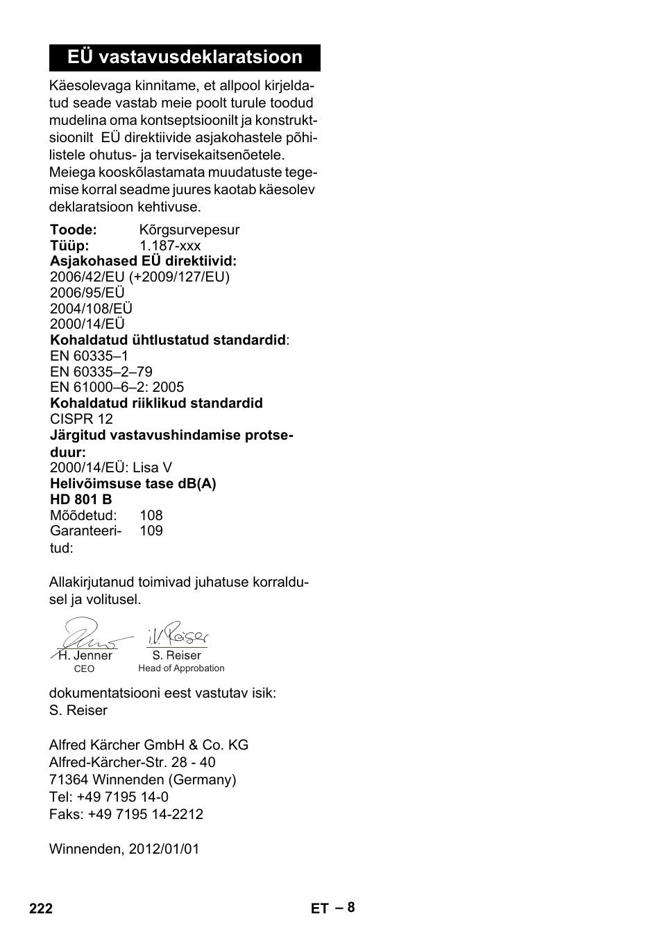 Eü vastavusdeklaratsioon | Karcher HD 801 B User Manual | Page 222 / 254