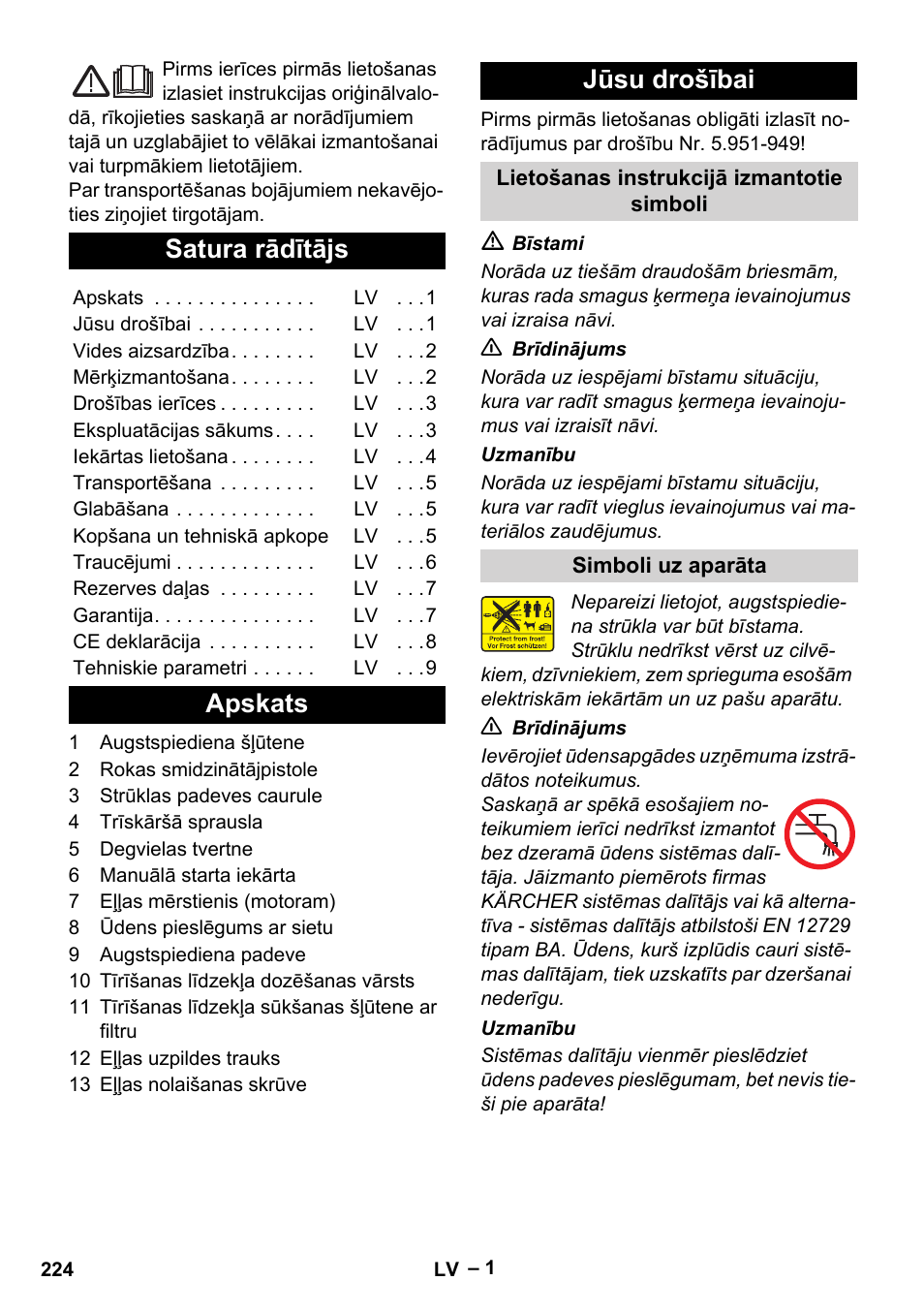 Latviešu, Satura rādītājs, Apskats jūsu drošībai | Karcher HD 801 B User Manual | Page 224 / 254