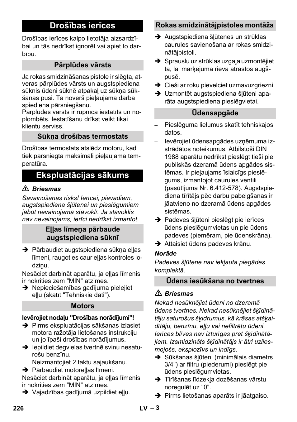 Drošības ierīces, Ekspluatācijas sākums | Karcher HD 801 B User Manual | Page 226 / 254