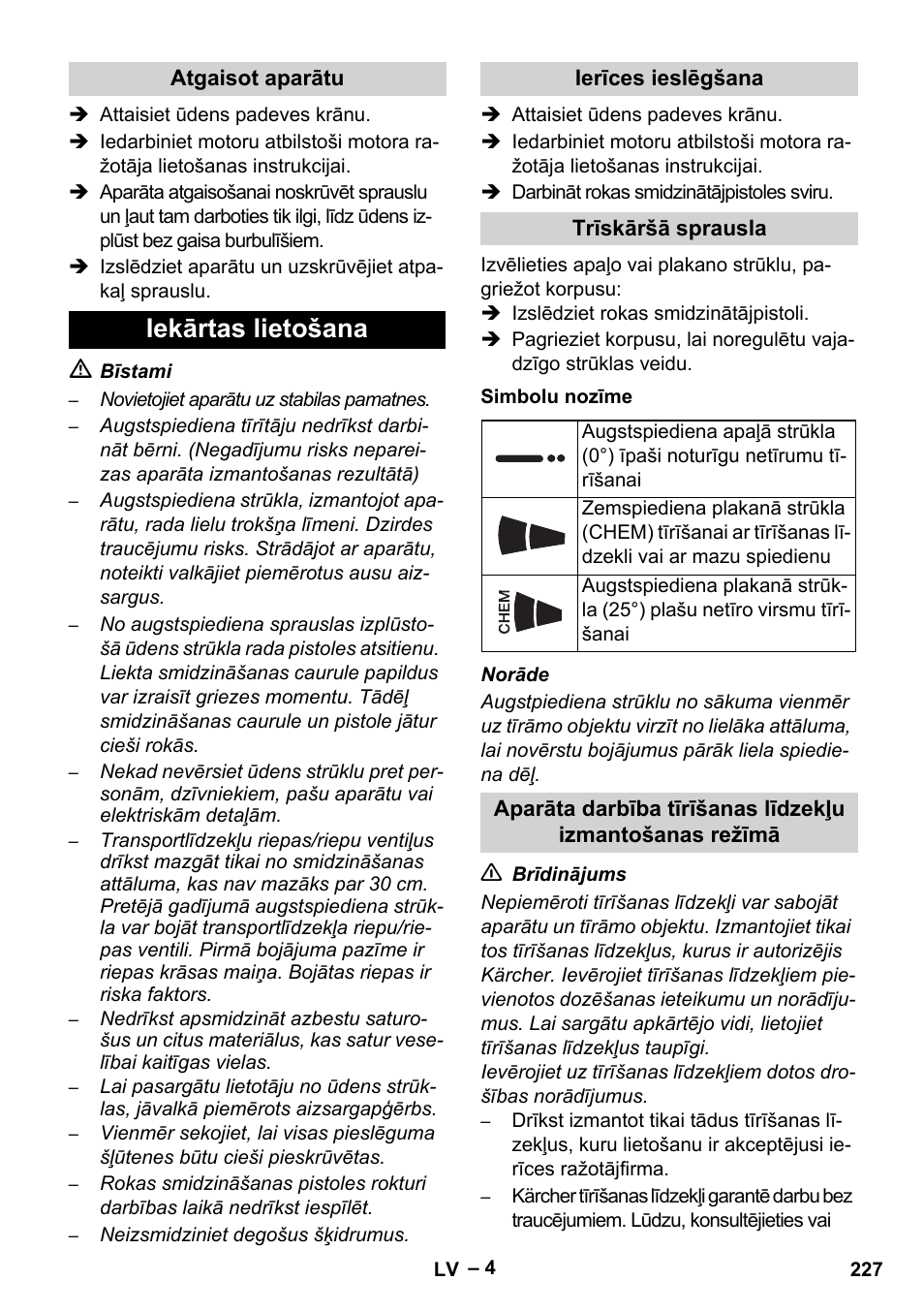 Iekārtas lietošana | Karcher HD 801 B User Manual | Page 227 / 254