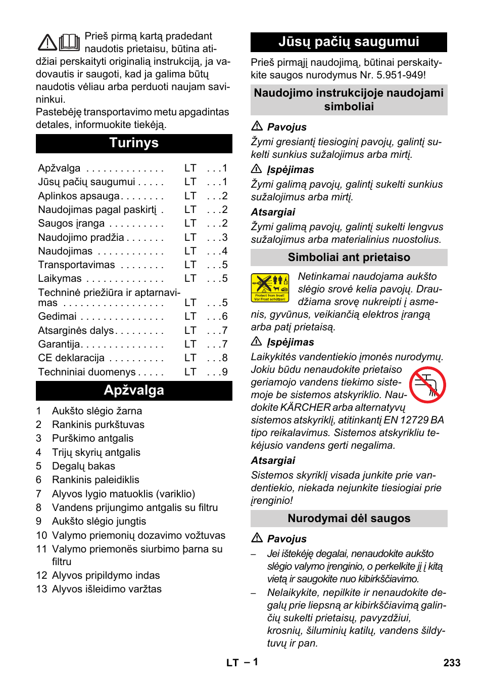 Lietuviškai, Turinys, Apžvalga jūsų pačių saugumui | Karcher HD 801 B User Manual | Page 233 / 254