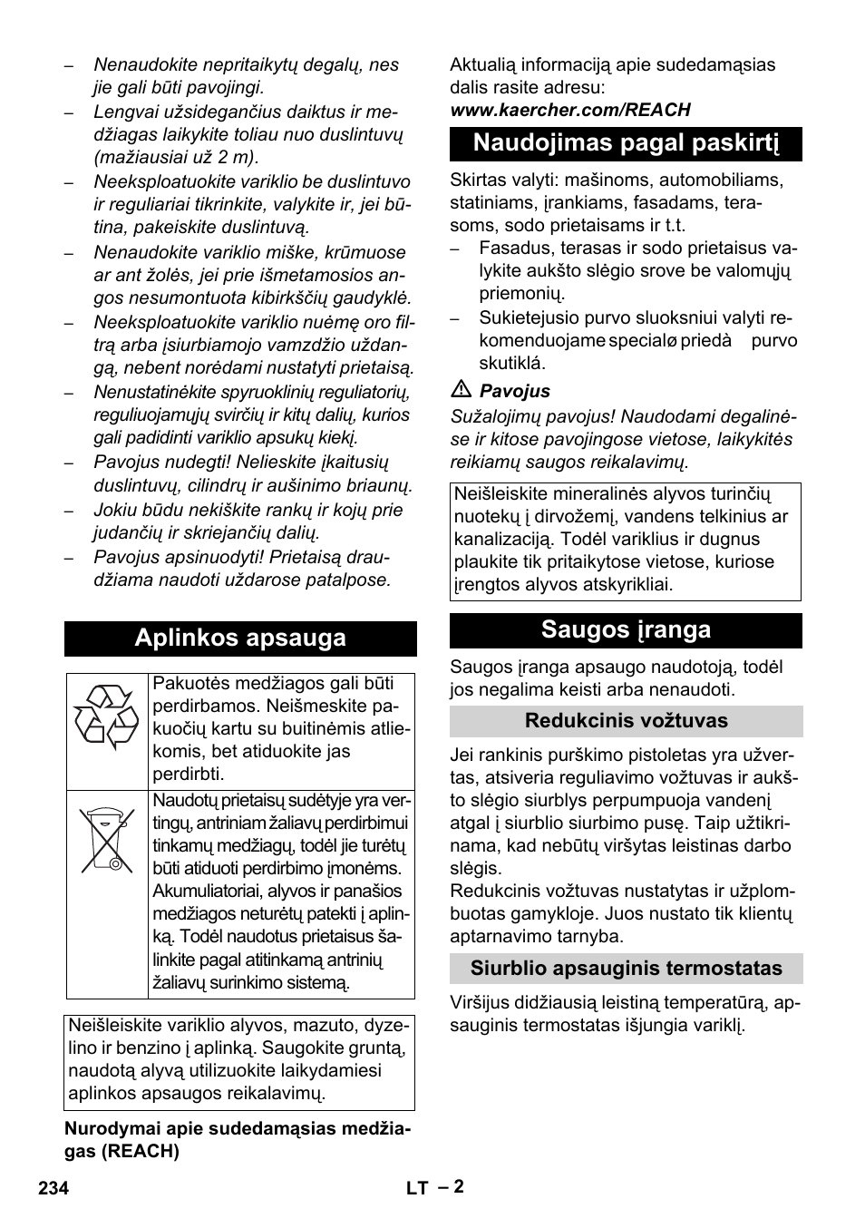 Aplinkos apsauga, Naudojimas pagal paskirtį, Saugos įranga | Karcher HD 801 B User Manual | Page 234 / 254