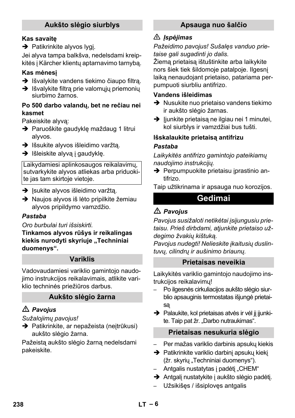 Gedimai | Karcher HD 801 B User Manual | Page 238 / 254