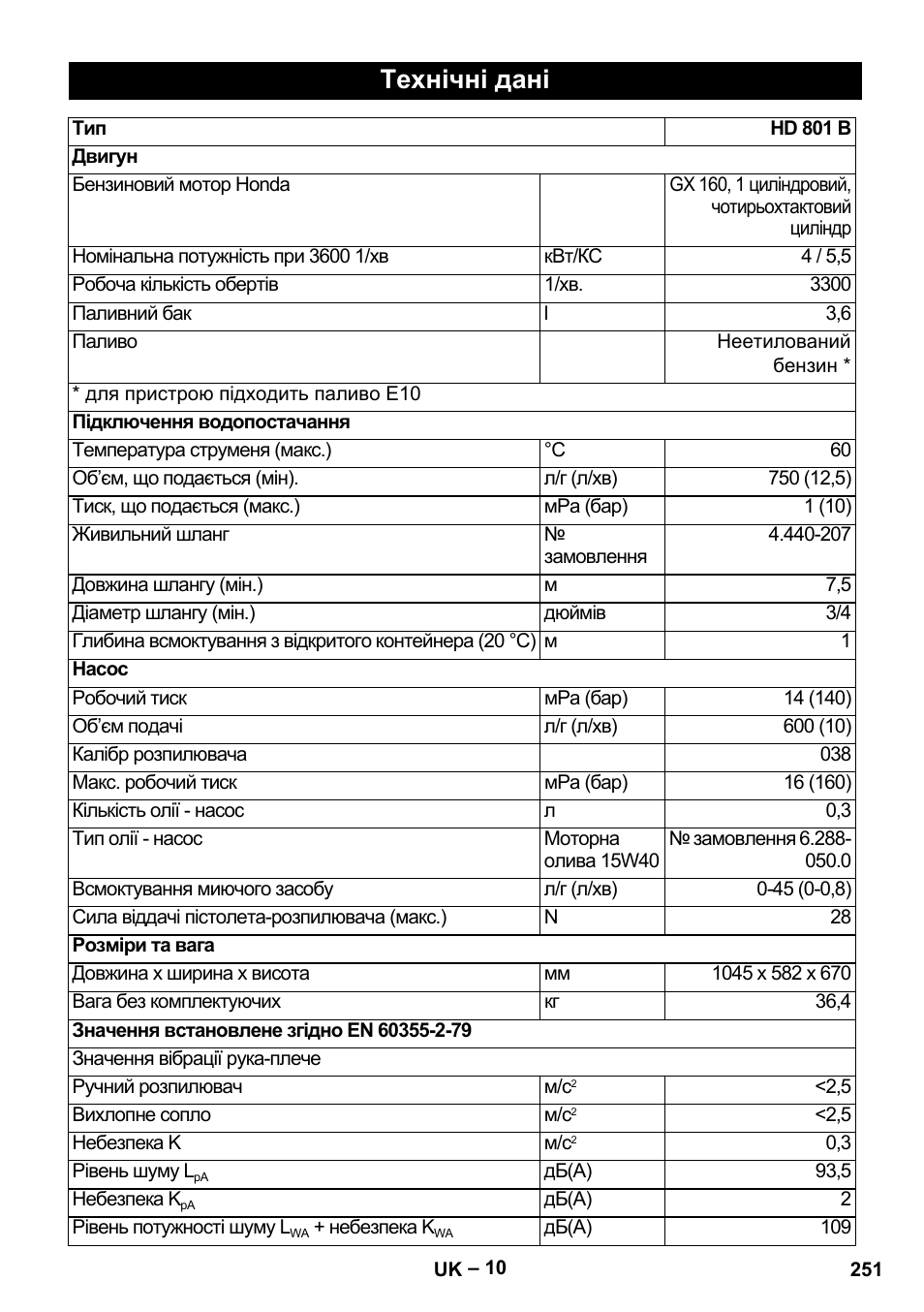 Технічні дані | Karcher HD 801 B User Manual | Page 251 / 254