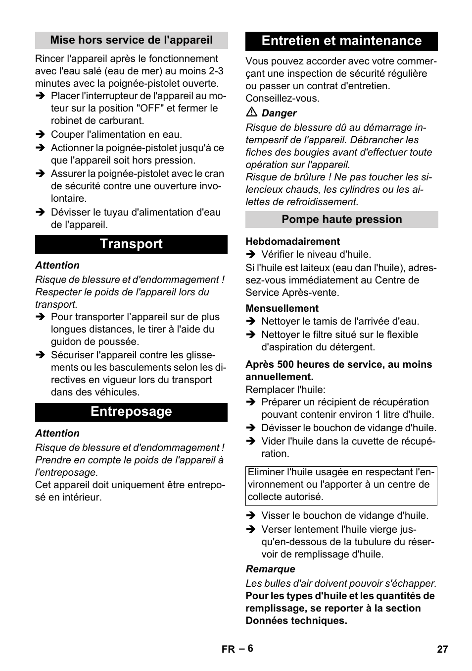 Transport entreposage entretien et maintenance | Karcher HD 801 B User Manual | Page 27 / 254