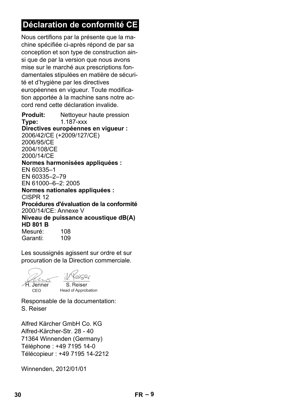 Déclaration de conformité ce | Karcher HD 801 B User Manual | Page 30 / 254
