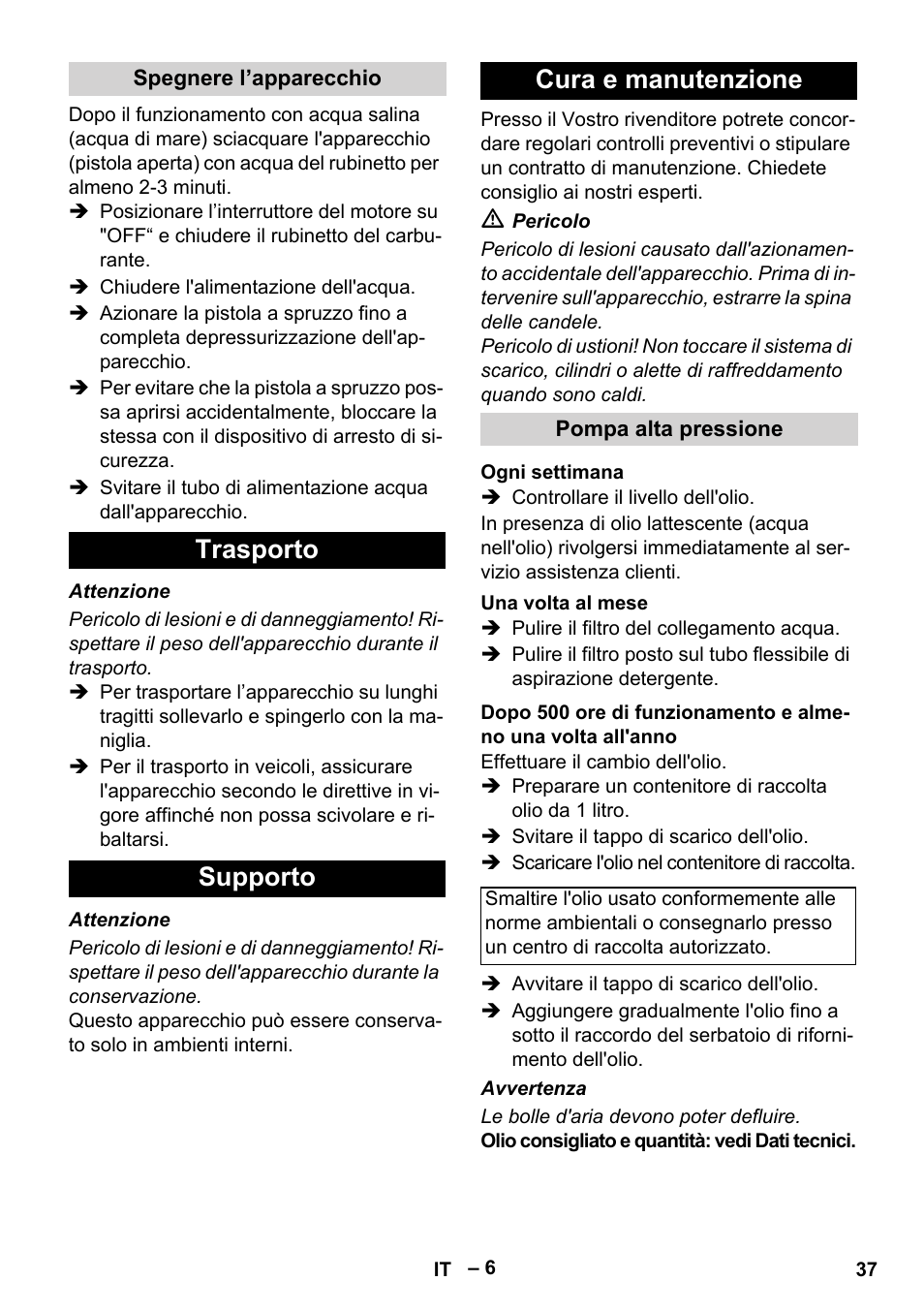 Trasporto supporto cura e manutenzione | Karcher HD 801 B User Manual | Page 37 / 254